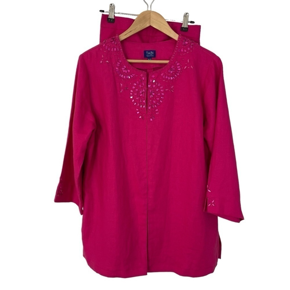 100% Linen Top + Pants Sz XL Pink Fuchsia Outfit Jacket Rhinestone Classy EUC